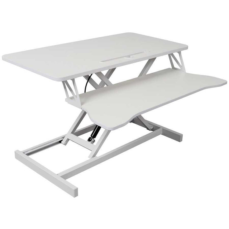 Side view of adjustable standing laptop desk with keyboard tray. Smooth height adjustment mechanism for ergonomic use.