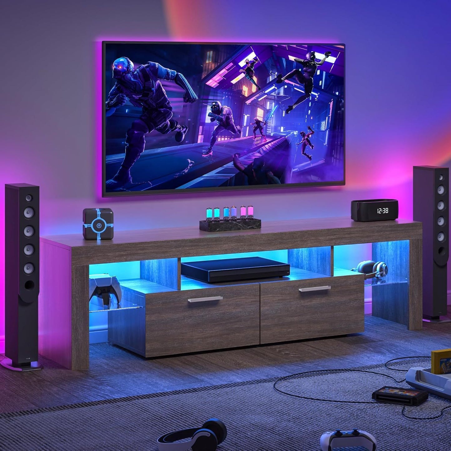 LED TV Stand with Storage - Modern Elegance for 40–75 Inch TVs, featuring ambient RGB lighting and dual drawers for organized entertainment setup.