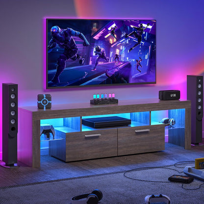 LED TV Stand with Storage - Modern Elegance for 40–75 Inch TVs, featuring ambient RGB lighting and dual drawers for organized entertainment setup.
