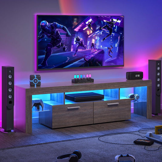 LED TV Stand with Storage - Modern Elegance for 40–75 Inch TVs, featuring ambient RGB lighting and dual drawers for organized entertainment setup.