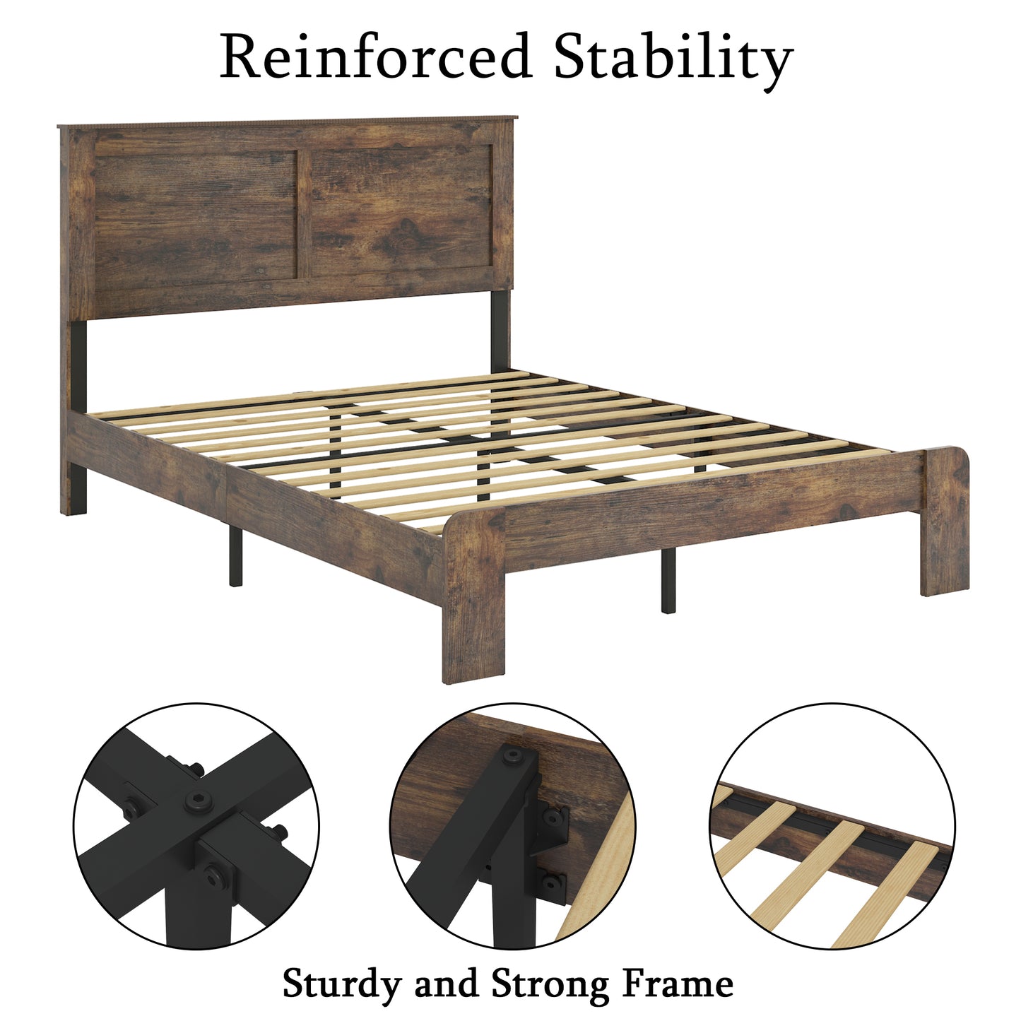 Wood platform bed frame full size with reinforced stability, showing metal support structure and slats for strong mattress support.