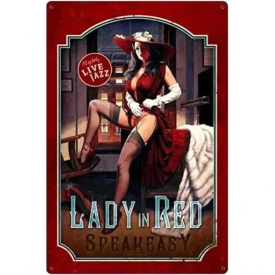 Vintage-style sign with a woman in a red dress and hat, labeled &