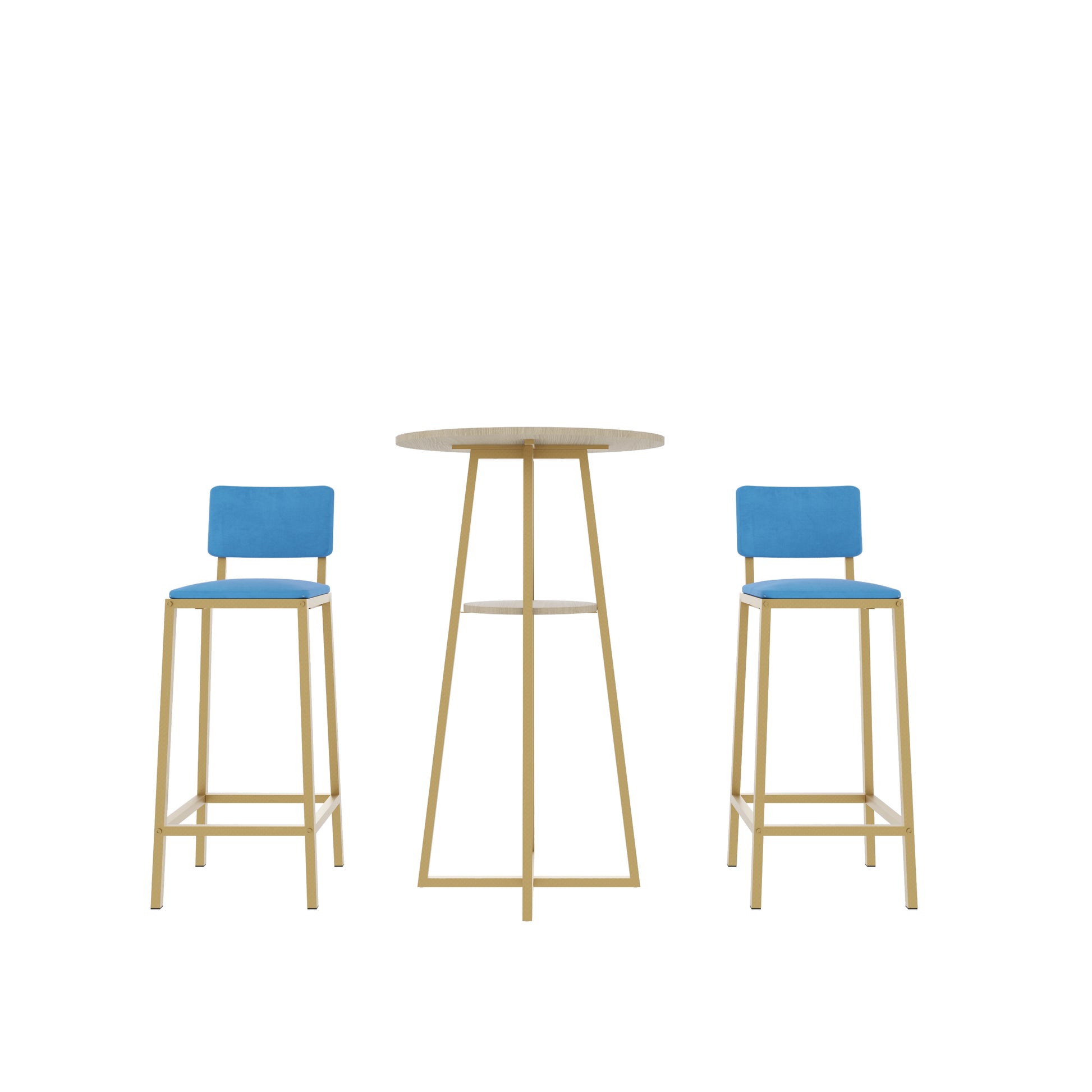 Bar Table and Chairs Set - Gold Frame, Storage Function | Dining Set for 2 with minimalist round table and two stools.