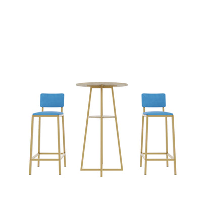Bar Table and Chairs Set - Gold Frame, Storage Function | Dining Set for 2 with minimalist round table and two stools.