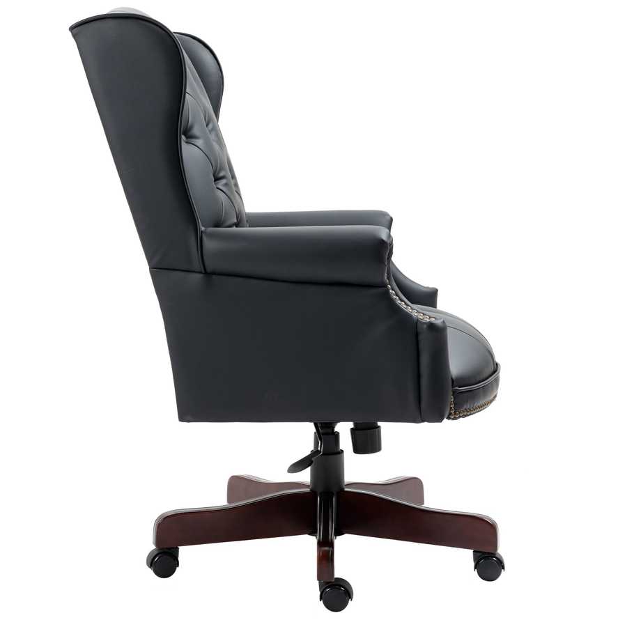 Black office chair with wooden base on a white background