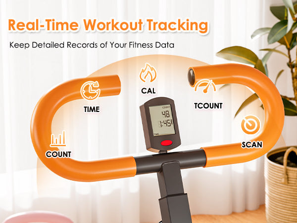Close-up of Squat Rowing Machine handle with digital monitor displaying real-time workout tracking for time, calories, and reps.