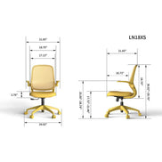 Yellow office chair with dimensions labeled on a white background