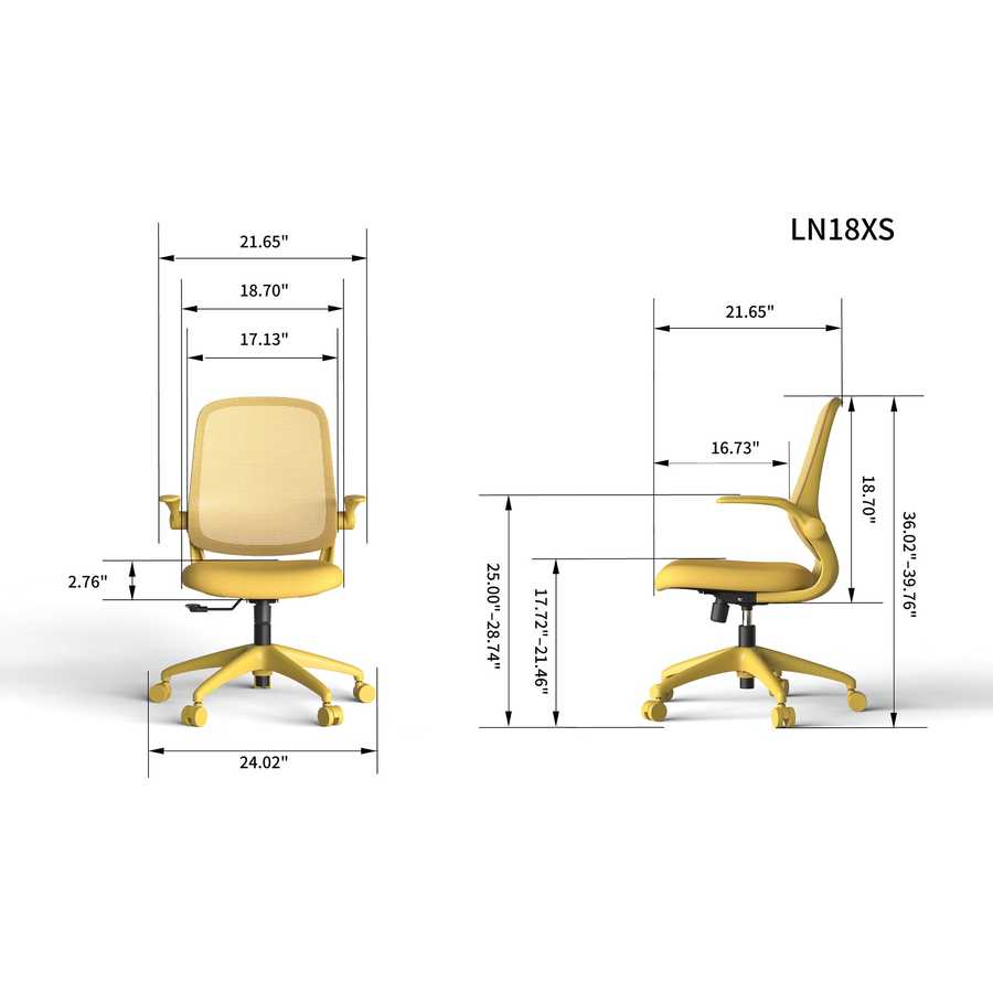 Yellow office chair with dimensions labeled on a white background