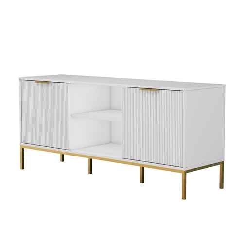 White entertainment center with open compartments, gold accents, and a mounted TV, perfect for contemporary living room.