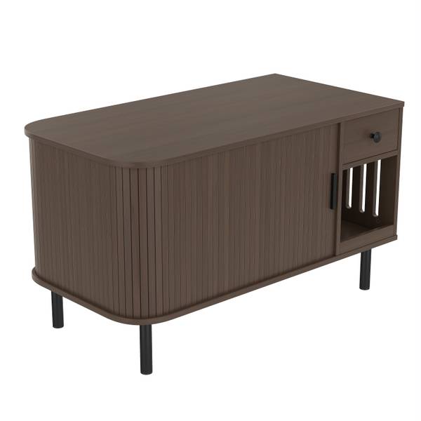Angled view of empty cat litter box enclosure with curved wood paneling and black metal legs, modern design.