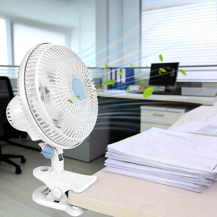 Versatile clip fan with 2 speeds, 90° head tilt, and quiet operation for home and office