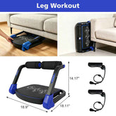 Leg workout equipment with dimensions and usage instructions on a white background