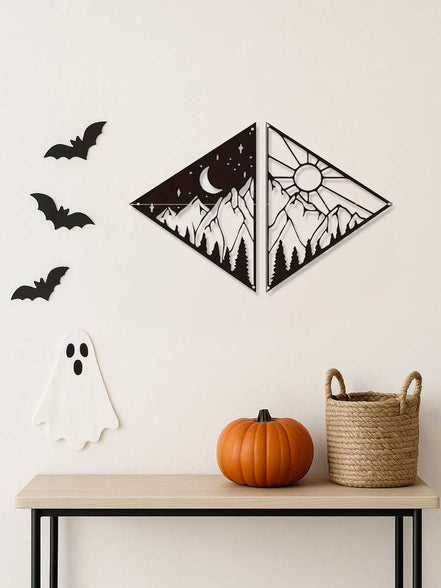 Halloween-themed wall decor with ghost, bats, and moonlit mountain scene for seasonal decoration