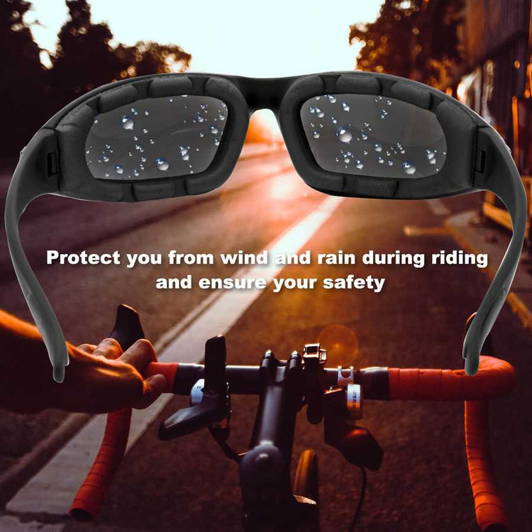 Bicycle handlebar with protective glasses and text about wind and rain protection.