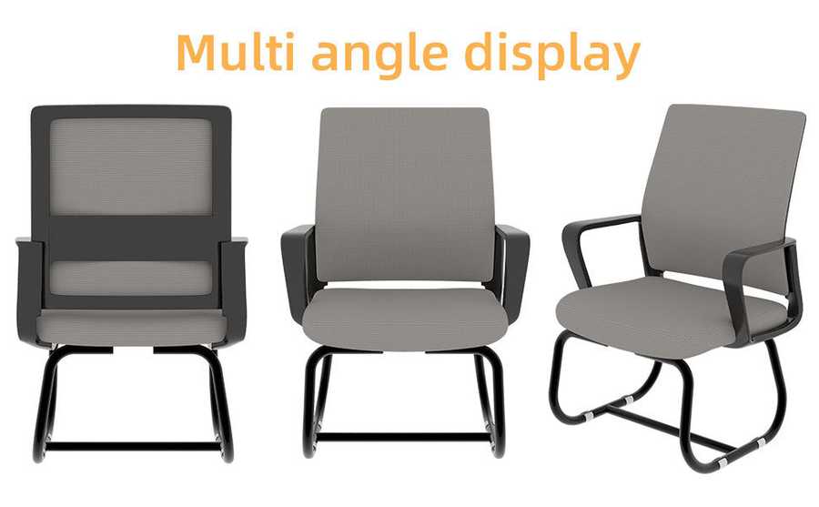 Three office chairs shown from different angles on a white background with &