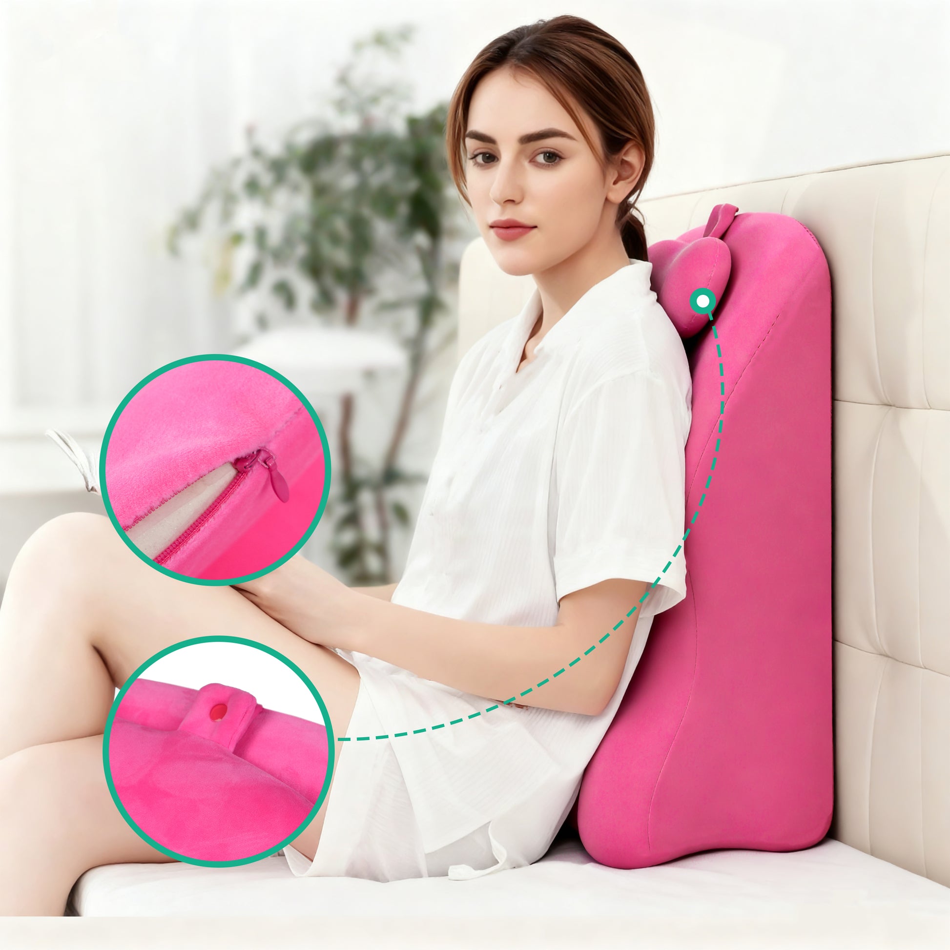 Ergonomic posture support pillow in pink used as a backrest with close-up of zipper and hanging loop, perfect for seated comfort.