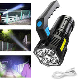 Rechargeable Handheld LED Flashlight with USB cable, 4 LED heads, and powerful beam for outdoor night visibility.