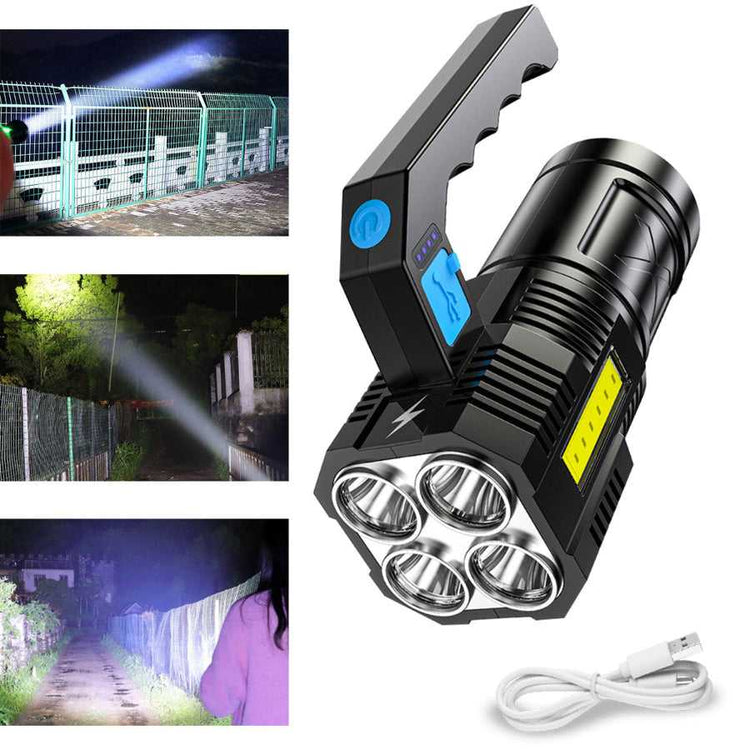 Rechargeable Handheld LED Flashlight with USB cable, 4 LED heads, and powerful beam for outdoor night visibility.