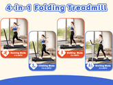 Foldable treadmill for home with incline and handlebar, woman walking on treadmill in living room, multiple modes including running, walking, climbing, and working