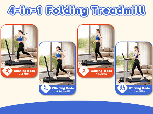 Foldable treadmill for home with incline and handlebar, woman walking on treadmill in living room, multiple modes including running, walking, climbing, and working