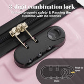 Black combination lock on a pink suitcase with text about property safety.