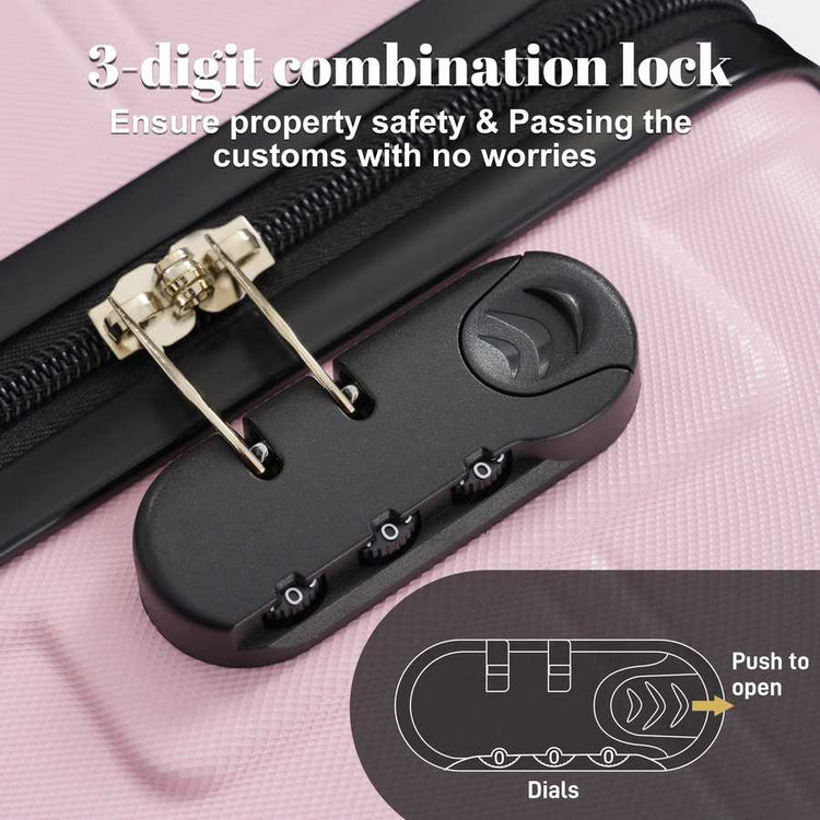 Black combination lock on a pink suitcase with text about property safety.