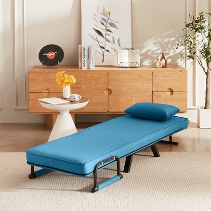 Convertible Folding Chair Bed in blue linen fully unfolded into a flat bed, showcasing its versatility for compact living spaces.