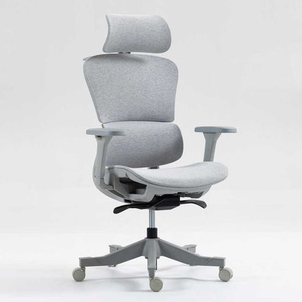 High back mesh office chair with padded seat and headrest, shown on white background with adjustable armrests and five-wheel base.