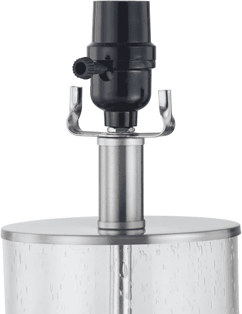 Close-up of a sprinkler head assembly with a black spray nozzle, curved metal sprinkler arm, and a cylindrical clear plastic or glass riser tube on a white background.