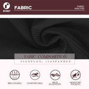 Fabric swatch with text indicating composition and fabric properties on a dark background
