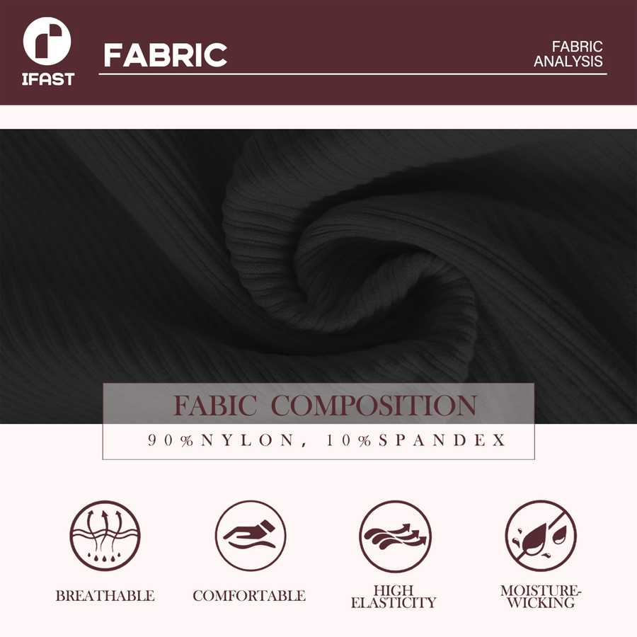 Fabric swatch with text indicating composition and fabric properties on a dark background