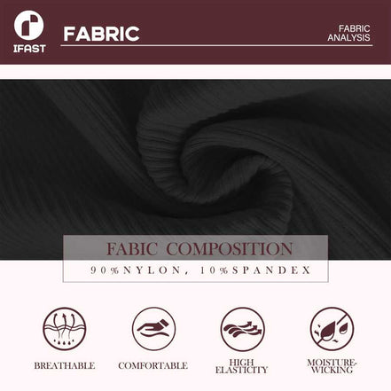 Fabric swatch with text indicating composition and fabric properties on a dark background