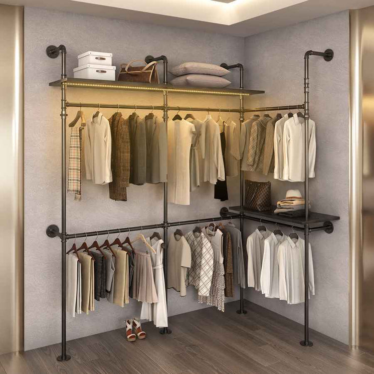 Industrial clothes rack with LED lights, heavy-duty metal frame, adjustable shelves, supports 100 lbs per rod, easy to install