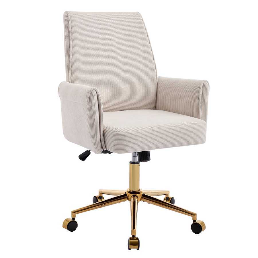 Angled view of ergonomic mid-back office chair in white corduroy with golden base, combining luxury and ergonomic support.