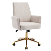Angled view of ergonomic mid-back office chair in white corduroy with golden base, combining luxury and ergonomic support.