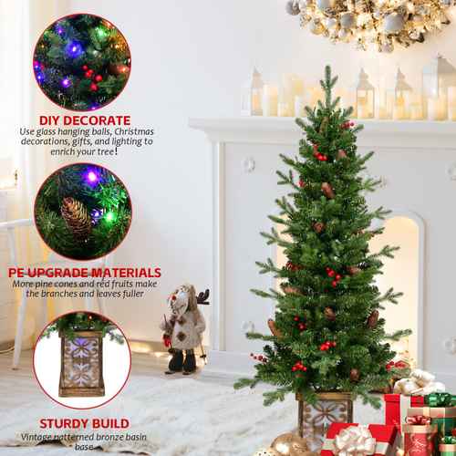 Pre-lit Christmas tree multicolor LED lights and glitter base details