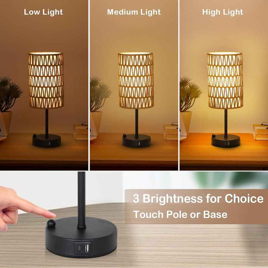 Table lamp with three brightness settings shown in low, medium, and high light conditions.