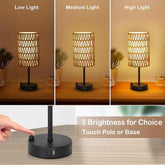 Table lamp with three brightness settings shown in low, medium, and high light conditions.