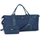 Blue quilted duffel bag with matching pouch on a white background