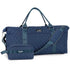 Blue quilted duffel bag with matching pouch on a white background