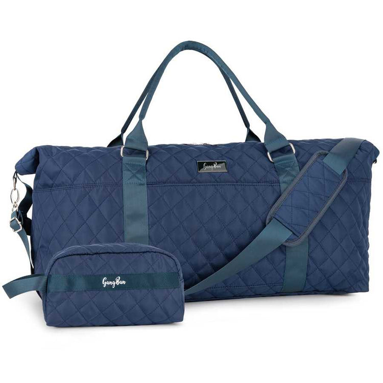 Blue quilted duffel bag with matching pouch on a white background