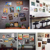 Collection of vintage-style posters and signs on walls and shelves in various settings.