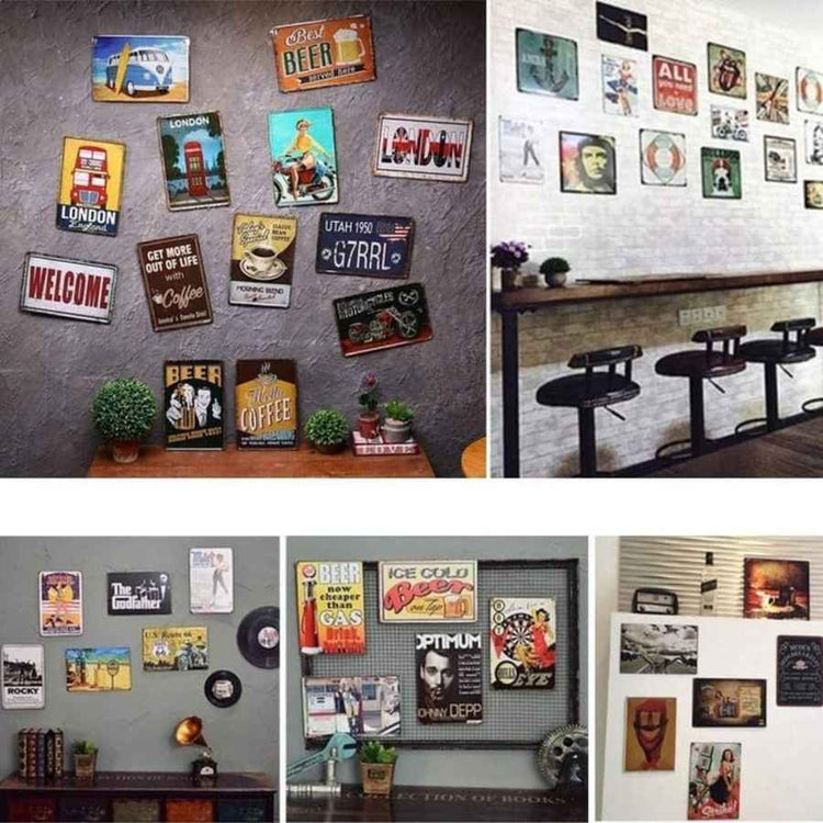 Collection of vintage-style posters and signs on walls and shelves in various settings.