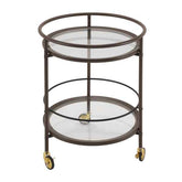 Round metal serving cart with glass shelves on a white background