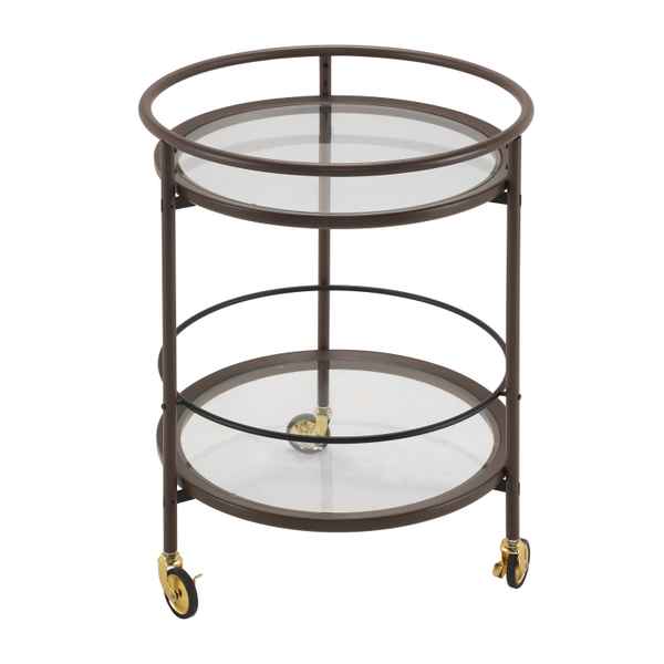 Round metal serving cart with glass shelves on a white background