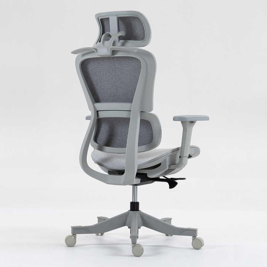 Rear angled view of high back mesh office chair showing breathable mesh back, adjustable headrest, and sturdy rolling base.