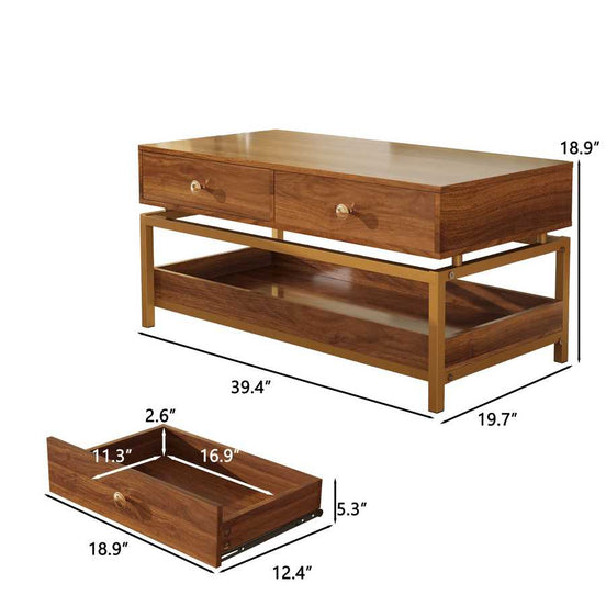 Coffee Tables for Living Room,39.4' Modern Coffee Table with 2 Drawers and Open Shelf, Wood Center Table with Storage and Gold Metal Frame,Walnut