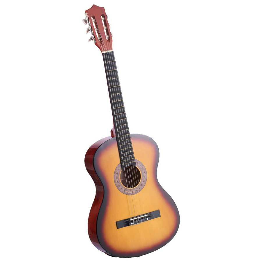 Front view of classical guitar with 37.8 inch height, 14 inch width, 3.5 inch depth, in arts and entertainment category