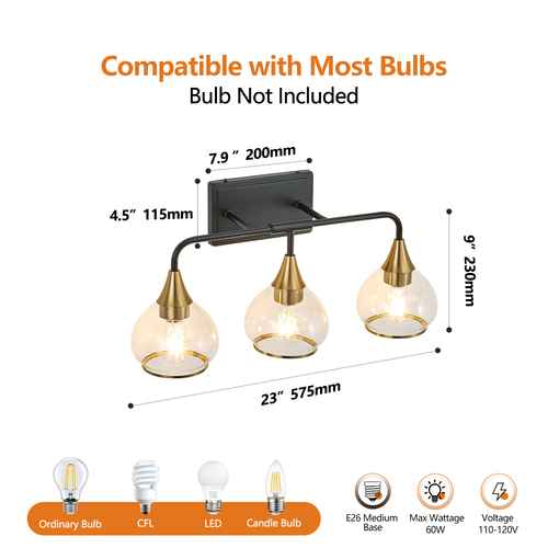Three-light fixture with dimensions and compatibility information on a white background