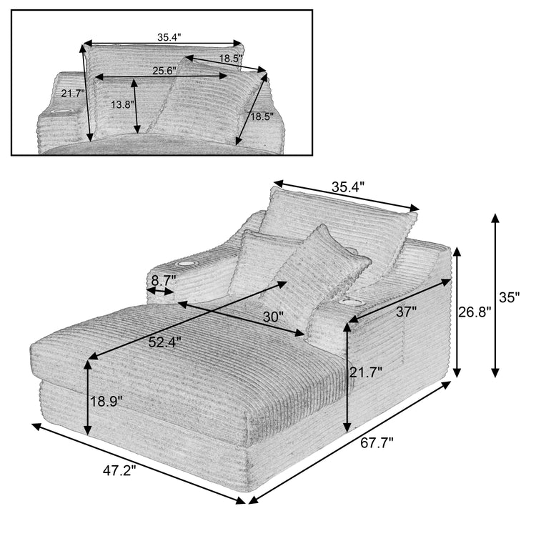 Gray sectional sofa with dimensions labeled on a white background